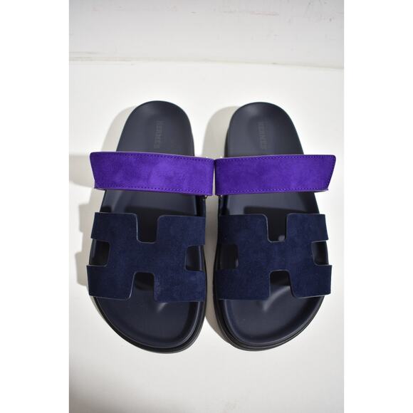 Hermes Chypre Sandal Black Violet Purple Blue H Logo Strap Slide Slip On Flat 37 - Picture 6 of 12